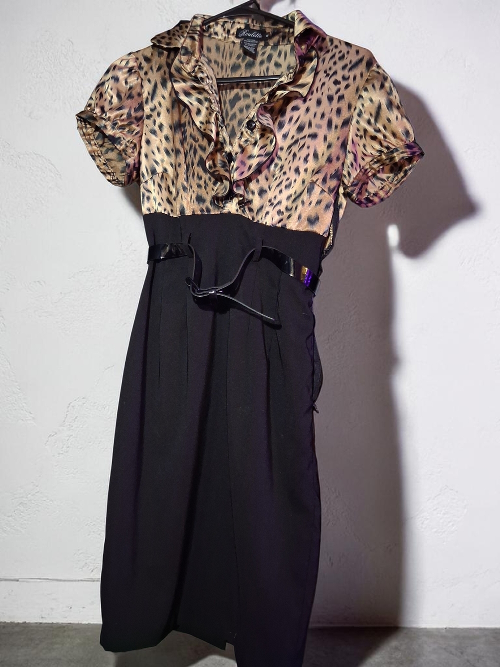 Roulette Leopard Satin Bodice Black Midi Dress